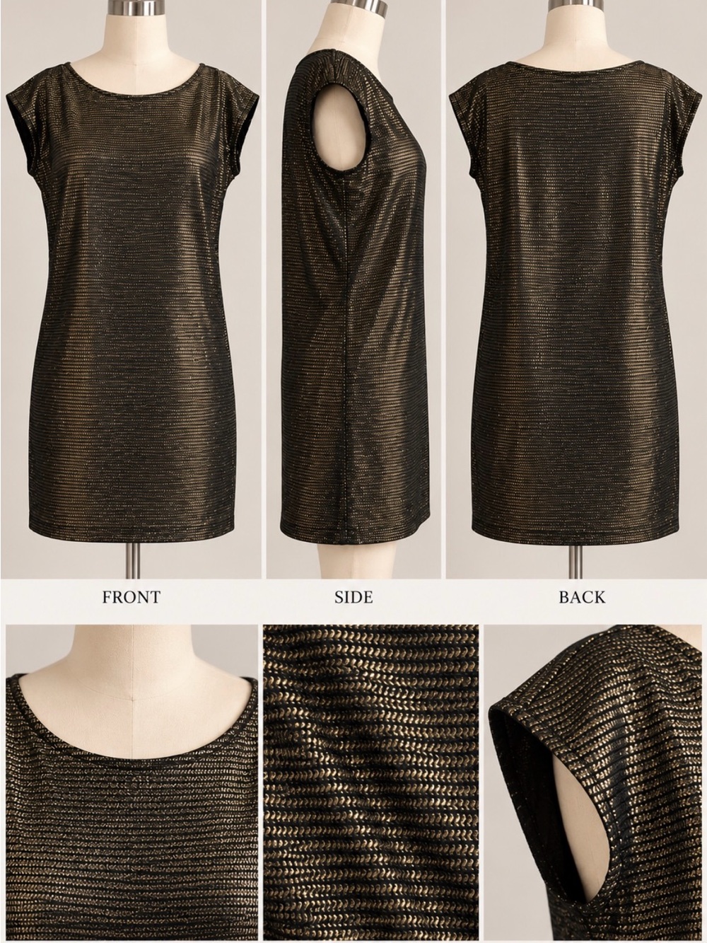 Addison Black & Gold Metallic Textured Shift Dress | Size M Night Out Cocktail